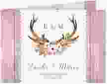 Danksagungskarte Hochzeit Heimatjuwel A6 Klappkarte quer rosa mit Hirschgeweih und Holz-Hintergrund