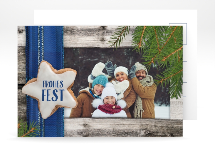 Weihnachtskarte Zimtstern A6 Postkarte blau hochglanz in rustikaler Holz-Optik mit Foto
