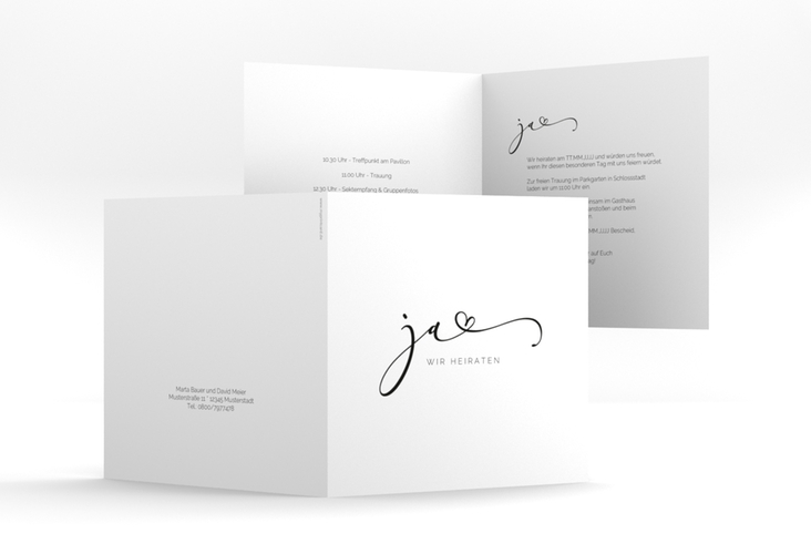 Hochzeitseinladung Jawort quadr. Klappkarte weiss hochglanz modern minimalistisch mit veredelter Aufschrift