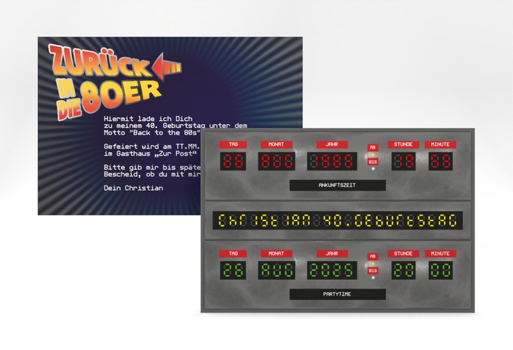 Einladung 40. Geburtstag Timemachine A6 Karte quer grau
