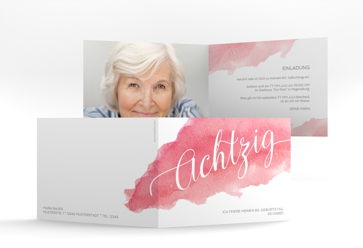Einladung 80. Geburtstag Aquarell A6 Klappkarte quer rot