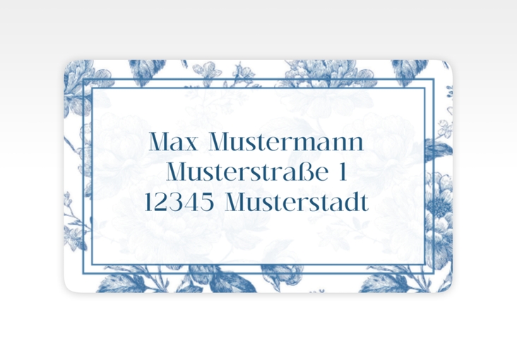 Empfängeretikett Hochzeit Blue Floral 63,5 x 38,1 mm mit blauem Blumenmuster auf weißem Grund