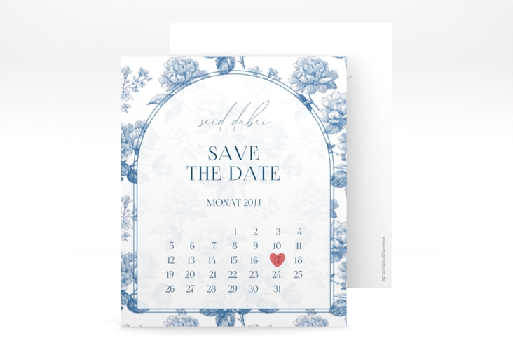 Save the Date-Kalenderblatt Blue Floral Kalenderblatt-Karte weiss mit blauem Blumenmuster auf weißem Grund