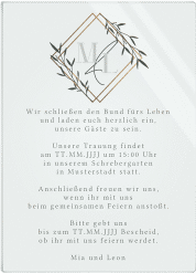 Acryl-Hochzeitseinladung Greenletter Acrylkarte hoch gruen mit Initialen in elegantem Goldrahmen mit Blättern