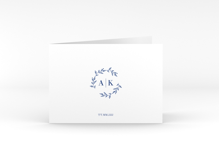 Dankeskarte Hochzeit Filigrana A6 Klappkarte quer blau in reduziertem Design mit Initialen und zartem Blätterkranz