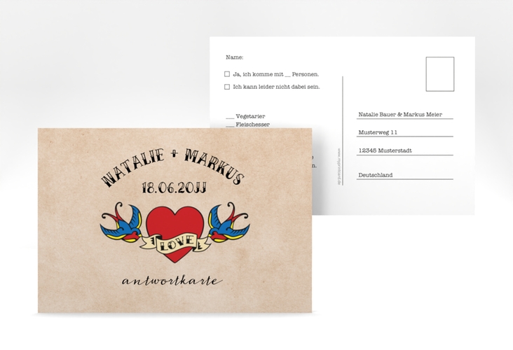Antwortkarte Hochzeit Tattoo A6 Postkarte mit Herz und zwei Schwalben