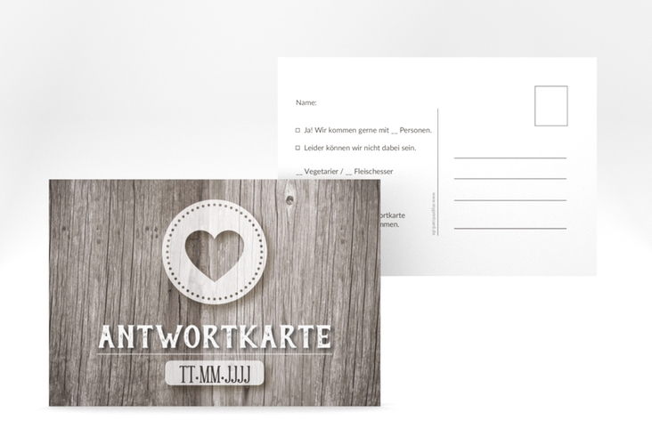 Antwortkarte Hochzeit Flair A6 Postkarte grau in rustikaler Holz-Optik mit Herz