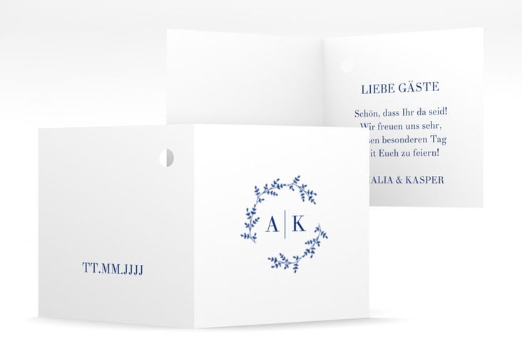 Geschenkanhänger Hochzeit Filigrana Geschenkanhänger 10er Set blau hochglanz in reduziertem Design mit Initialen und zartem Blätterkranz