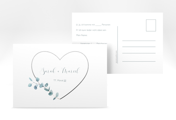 Antwortkarte Hochzeit Greenheart A6 Postkarte grau hochglanz mit elegantem Herz und Eukalyptus-Zweig