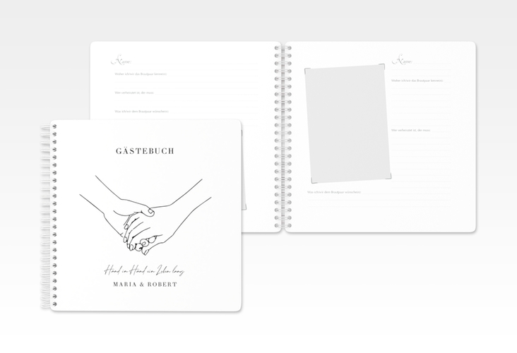 Gästebuch Hochzeit Hands Ringbindung weiss mit sich haltenden Händen im Monoline-Stil