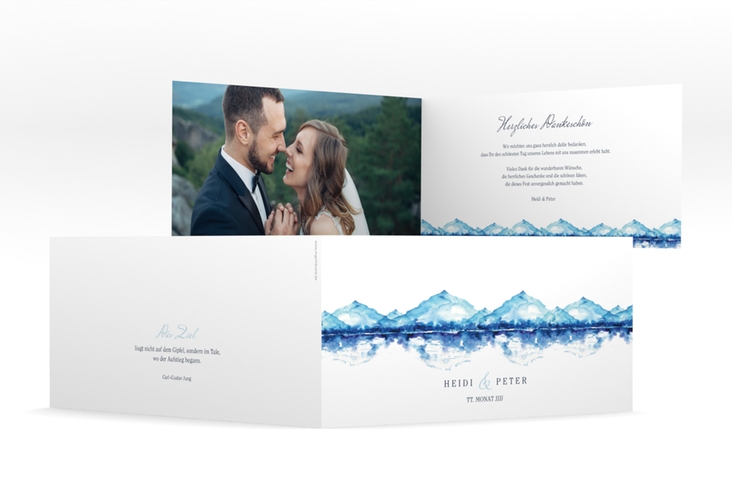 Danksagungskarte Hochzeit Bergliebe lange Klappkarte quer blau mit Gebirgspanorama für Berghochzeit