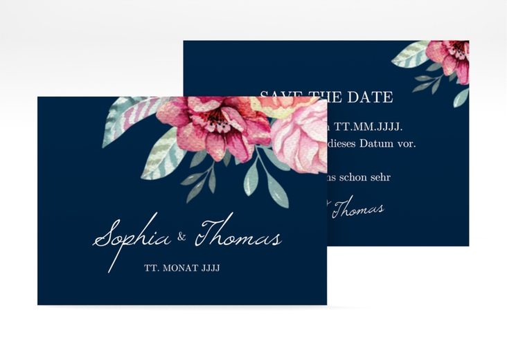 Save the Date-Visitenkarte Blooming Visitenkarte quer blau hochglanz