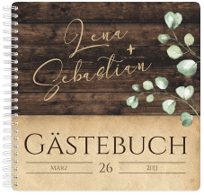 Klick: Details zu Gästebuch Hochzeit "Landhaus" anzeigen Gästebuch Hochzeit Landhaus Ringbindung braun in Holz-Optik mit Eukalyptus
