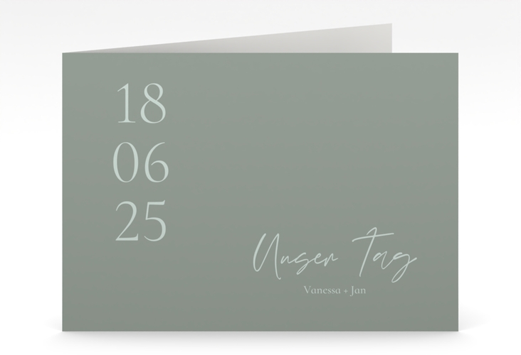 Hochzeitseinladung Day mittlere Klappkarte quer gruen hochglanz mit Datum im minimalistischen Design