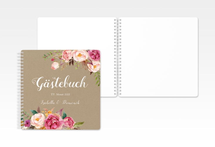 Gästebuch Hochzeit Flowers Ringbindung Kraftpapier mit bunten Aquarell-Blumen