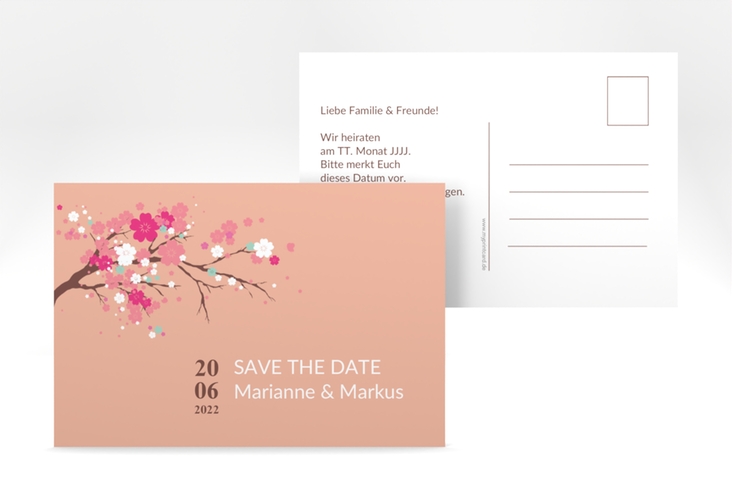 Save the Date-Postkarte Sakura A6 Postkarte apricot hochglanz