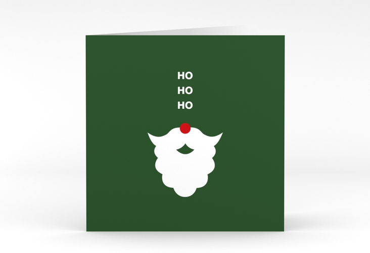 Geschäftliche Weihnachtskarte Hohoho quadr. Klappkarte gruen hochglanz mit Nikolausbart und roter Nase