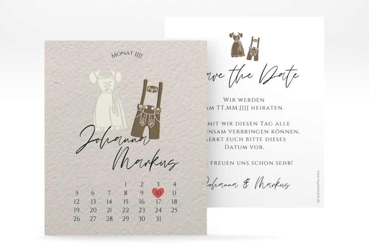 Save the Date-Kalenderblatt Trachtenhochzeit Kalenderblatt-Karte beige hochglanz mit Dirndl und Lederhose