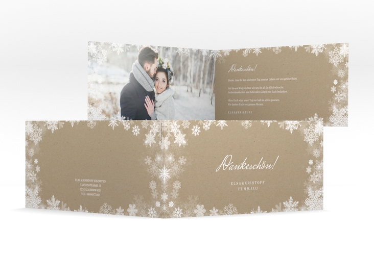 Danksagung Hochzeit  Snowfall lange Klappkarte quer Kraftpapier mit Schneeflocken für Winterhochzeit