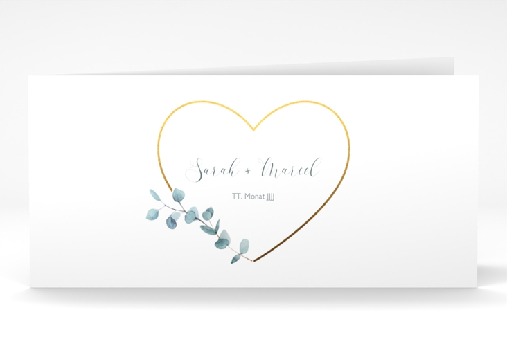 Hochzeitseinladung Greenheart lange Klappkarte quer mit elegantem Herz und Eukalyptus-Zweig