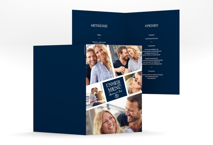Menükarte Hochzeit Rise A5 Klappkarte hoch blau hochglanz