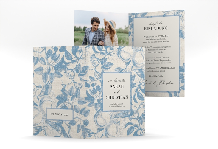 Einladungskarte Hochzeit Toile A6 Klappkarte hoch blau mit Blättermuster im Toile-de-Jouy-Stil