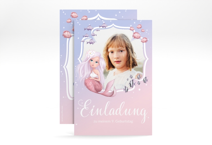 Einladungskarte Kindergeburtstag Mermaid A6 Karte hoch mit Meerjungfrau und Fischen
