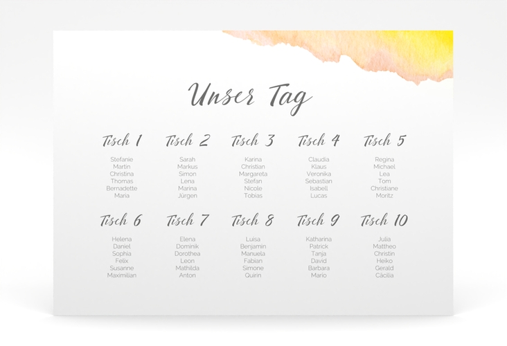 Sitzplan Poster Hochzeit Aquarella 70 x 50 cm Poster gelb