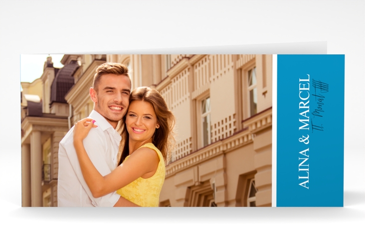 Hochzeitseinladung Classic lange Klappkarte quer blau