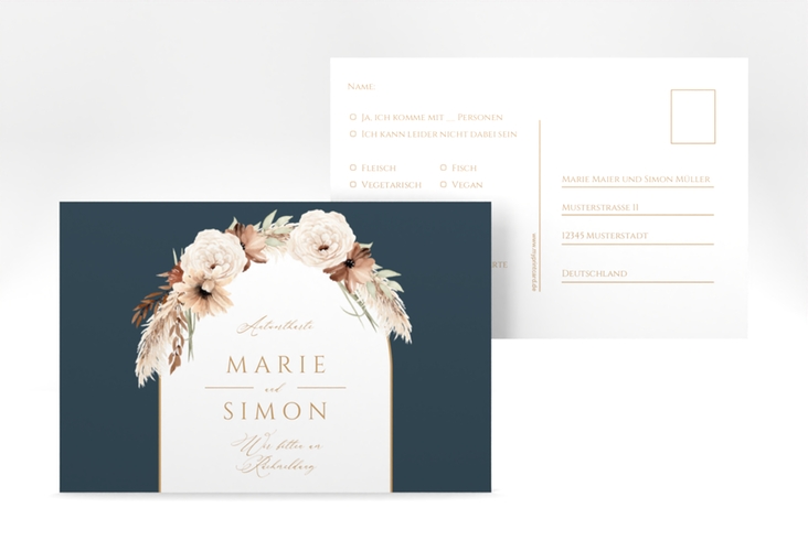 Antwortkarte Hochzeit Blumenbogen A6 Postkarte blau