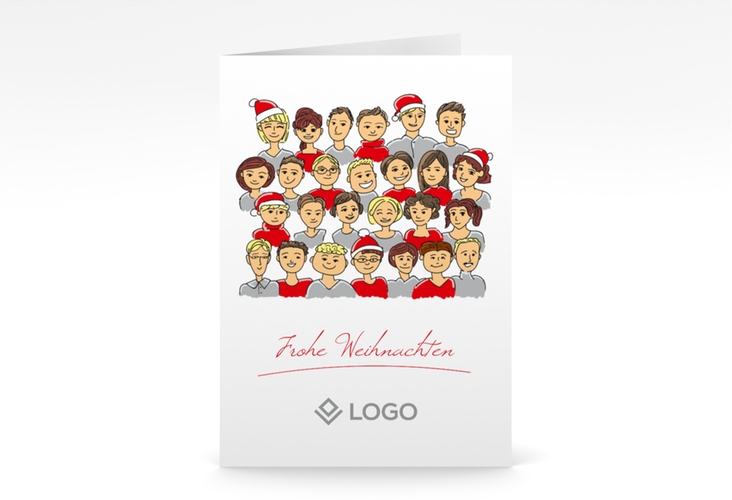 Business-Weihnachtskarte Team A6 Klappkarte hoch rot hochglanz und weiß mit Illustration der Mitarbeiter