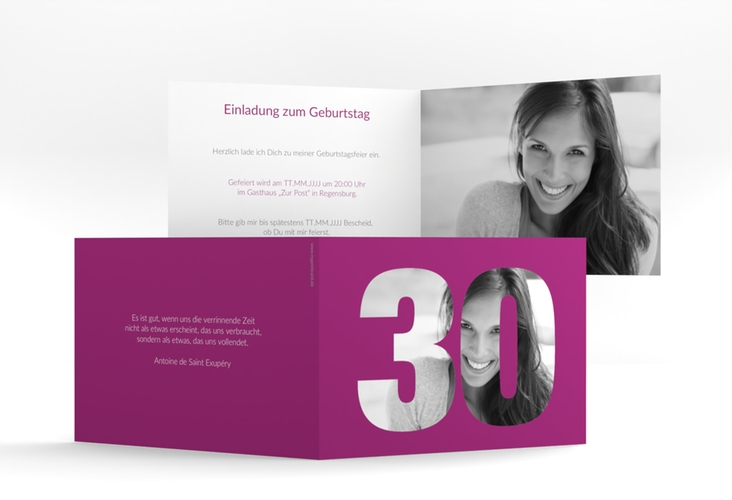 Einladung 30. Geburtstag Numbers A6 Klappkarte quer pink
