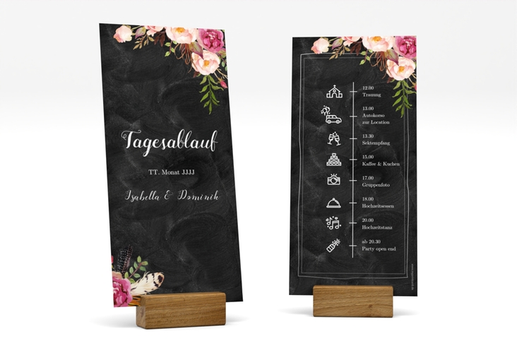 Tagesablauf Hochzeit Flowers lange Karte hoch mit bunten Aquarell-Blumen
