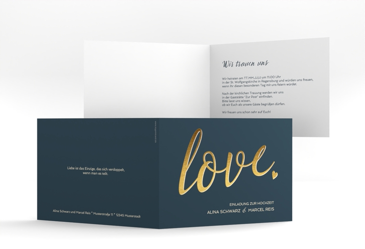 Hochzeitseinladung Glam A6 Klappkarte quer blau hochglanz