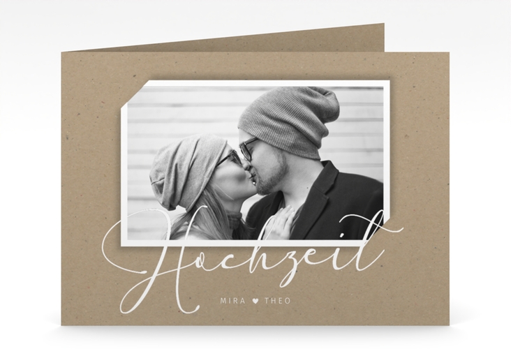 Hochzeitseinladung Crafty mittlere Klappkarte quer hochglanz mit Foto des Brautpaars