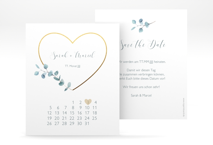 Save the Date-Kalenderblatt Greenheart Kalenderblatt-Karte gold mit elegantem Herz und Eukalyptus-Zweig