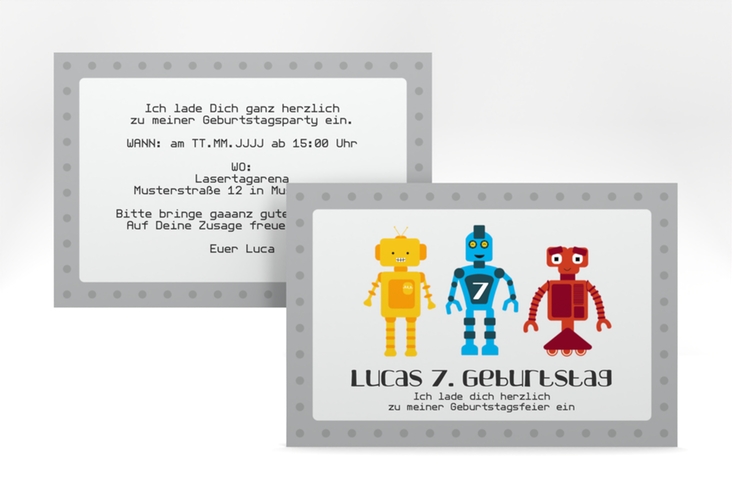 Einladungskarte Kindergeburtstag Roboter A6 Karte quer grau hochglanz mit drei bunten Robotern