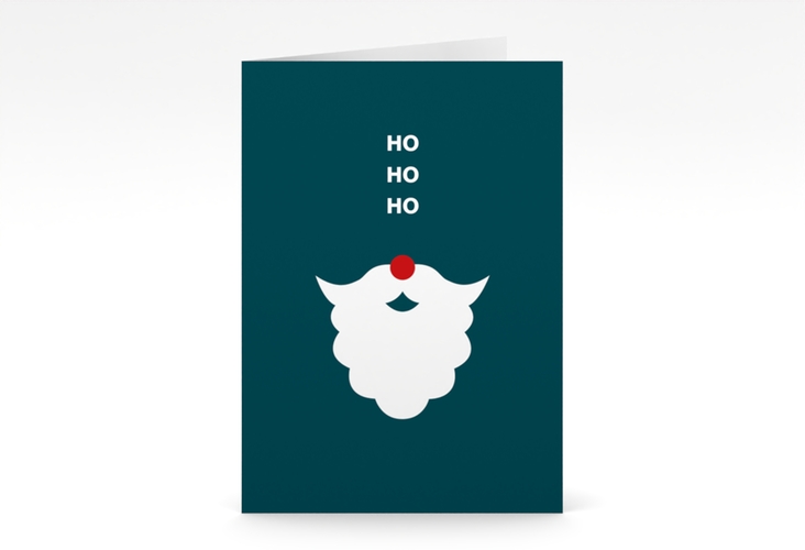Business-Weihnachtskarte Hohoho A6 Klappkarte hoch blau humorvoll mit Nikolausbart