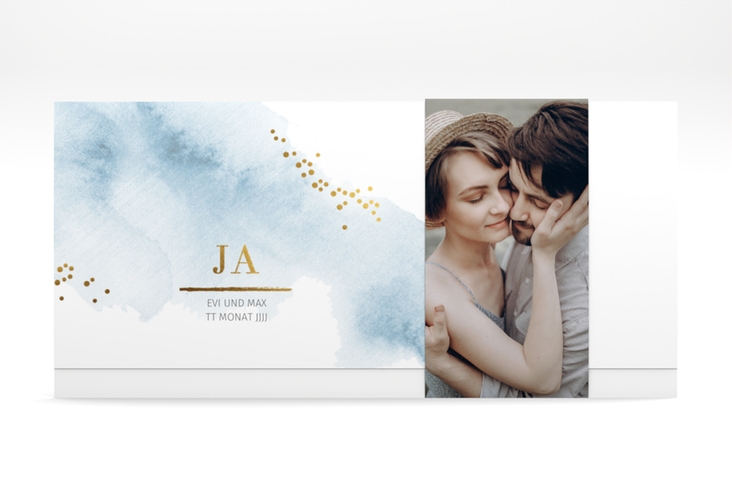 Hochzeitseinladung Pastell Wickelfalzkarte + Banderole blau