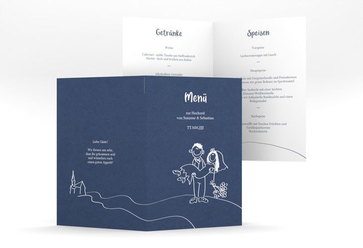 Menükarte Hochzeit Pisa A5 Klappkarte hoch blau