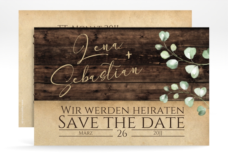 Save the Date-Karte Landhaus A6 Karte quer braun hochglanz in Holz-Optik mit Eukalyptus