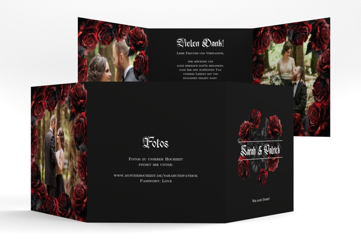 Dankeskarte Hochzeit Gothic Rose quadr. Doppel-Klappkarte schwarz