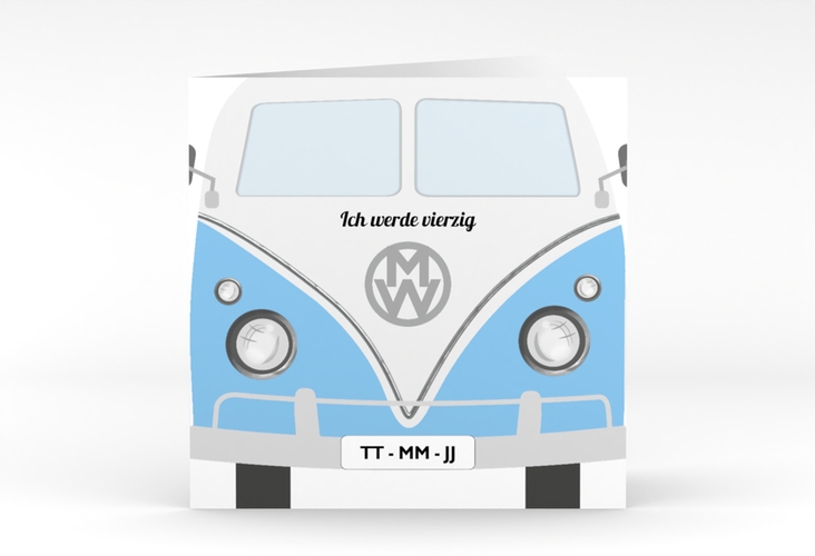 Einladung 40. Geburtstag Bulli Bus quadr. Klappkarte blau