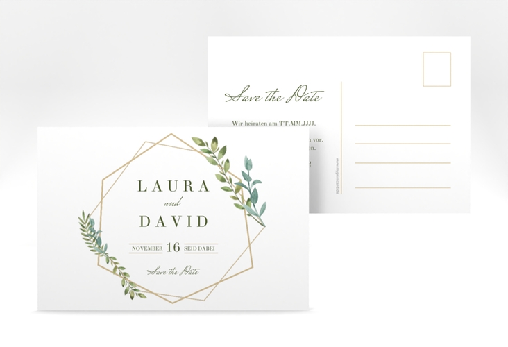 Save the Date-Postkarte Herbarium A6 Postkarte gold hochglanz mit geometrischem Rahmen und Blätter-Dekor