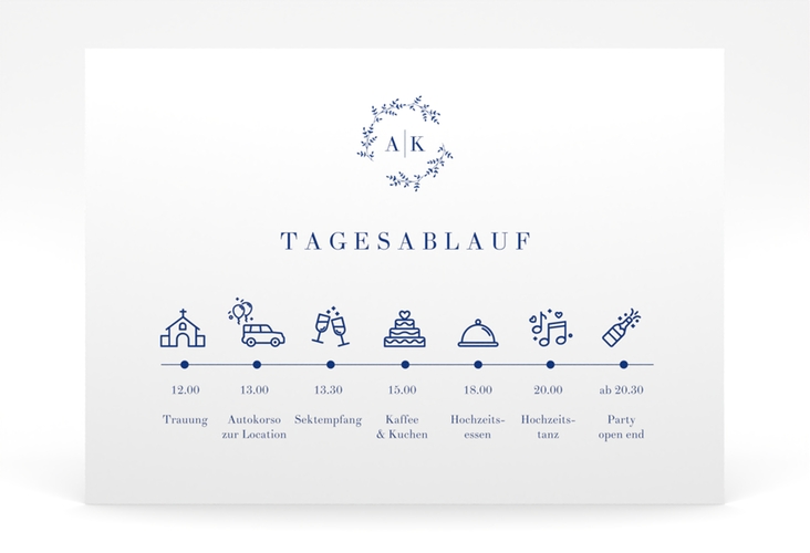 Tagesablauf Poster Hochzeit Filigrana 70 x 50 cm Poster blau in reduziertem Design mit Initialen und zartem Blätterkranz