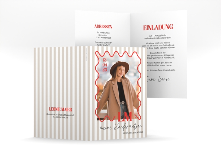 Konfirmationseinladung Modern Wave A6 Klappkarte hoch beige hochglanz