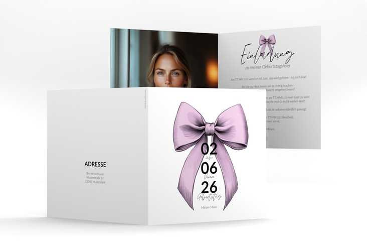 Einladung Geburtstag Geburtstagsschleife quadr. Klappkarte rosa