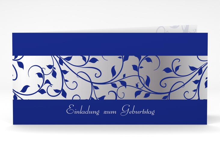 Einladung Geburtstag Hermann/Hermine lange Klappkarte quer blau