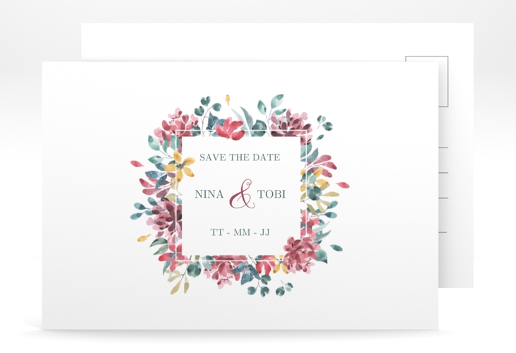 Save the Date-Postkarte Blumenliebe A6 Postkarte hochglanz mit Rahmen aus bunten Blütenblättern