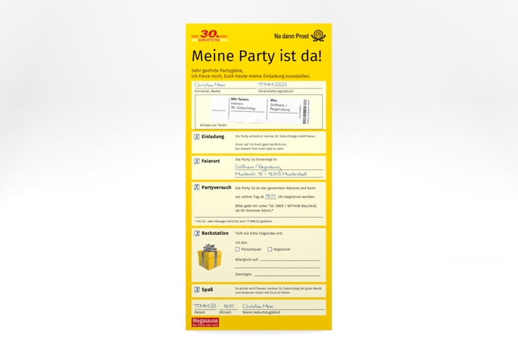 Einladung 30. Geburtstag Zustellung lange Karte hoch